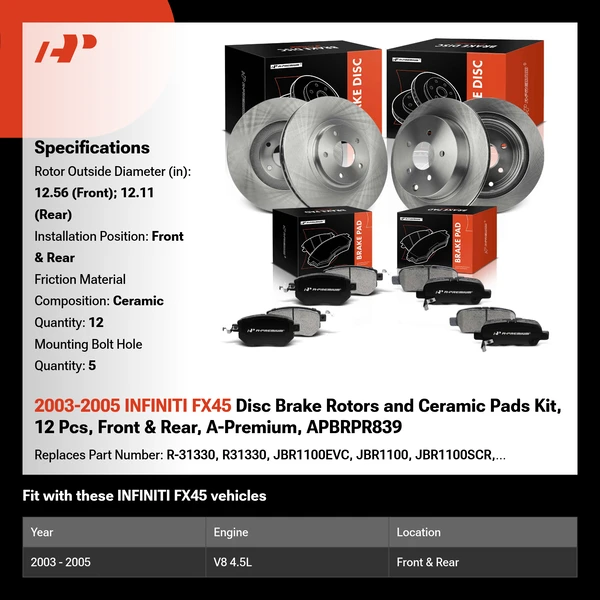 2003-2005 INFINITI FX45 Disc Brake Rotors and Ceramic Pads Kit, 12 Pcs, Front & Rear, A-Premium, APBRPR839