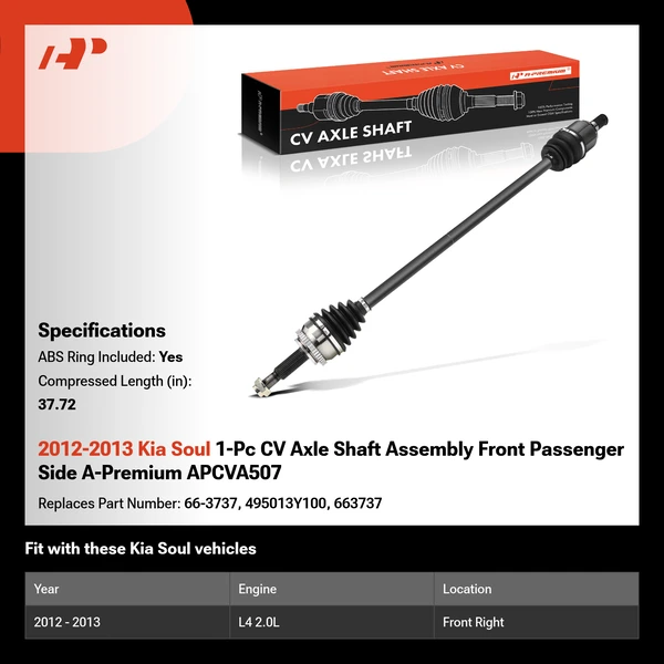 2012-2013 Kia Soul 1-Pc CV Axle Shaft Assembly Front Passenger Side A-Premium APCVA507