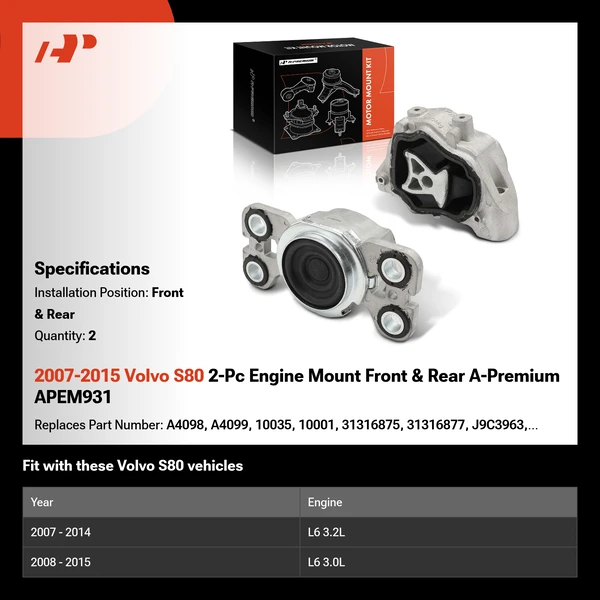 2007-2015 Volvo S80 2-Pc Engine Mount Front & Rear A-Premium APEM931