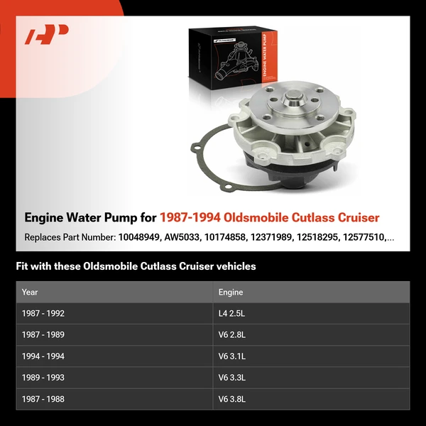 Engine Water Pump for 1987-1994 Oldsmobile Cutlass Cruiser
