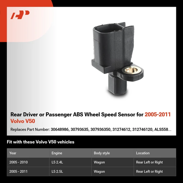 Rear Driver or Passenger ABS Wheel Speed Sensor for 2005-2011 Volvo V50