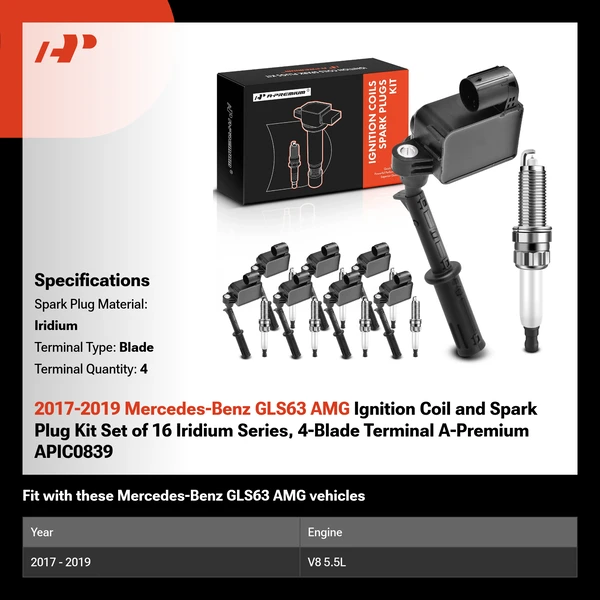 2017-2019 Mercedes-Benz GLS63 AMG Ignition Coil and Spark Plug Kit Set of 16 Iridium Series, 4-Blade Terminal A-Premium APIC0839