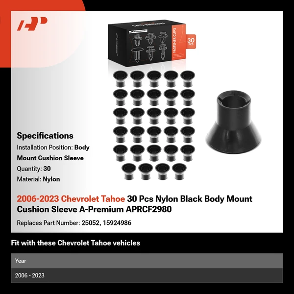 2006-2023 Chevrolet Tahoe 30 Pcs Nylon Black Body Mount Cushion Sleeve A-Premium APRCF2980