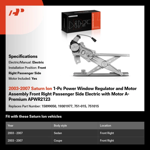 2003-2007 Saturn Ion 1-Pc Power Window Regulator and Motor Assembly Front Right Passenger Side Electric with Motor A-Premium APWR2123