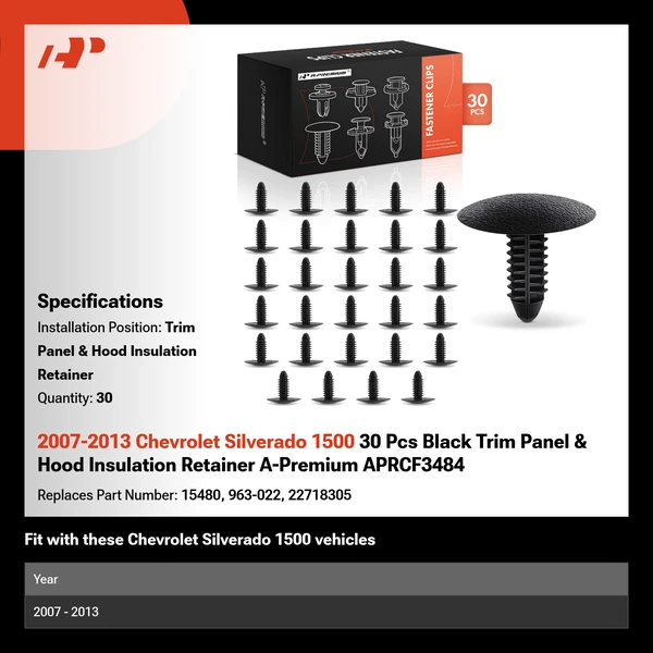 2007-2013 Chevrolet Silverado 1500 30 Pcs Black Trim Panel & Hood Insulation Retainer A-Premium APRCF3484