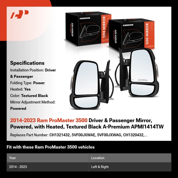 2014-2023 Ram ProMaster 3500 Driver & Passenger Mirror, Powered, with Heated, Textured Black A-Premium APMI1414TW