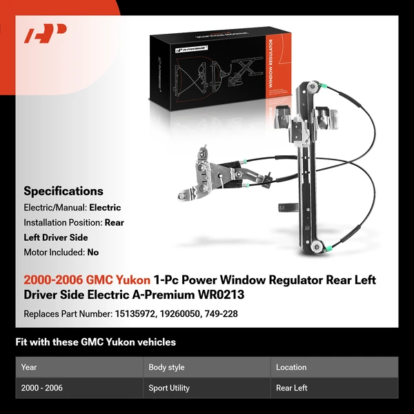 2000-2006 GMC Yukon 1-Pc Power Window Regulator Rear Left Driver Side Electric A-Premium WR0213