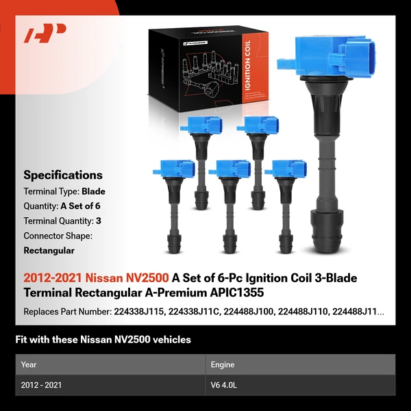 2012-2021 Nissan NV2500 A Set of 6-Pc Ignition Coil 3-Blade Terminal Rectangular A-Premium APIC1355