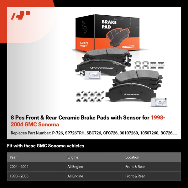 8 Pcs Front & Rear Ceramic Brake Pads with Sensor for 1998-2004 GMC Sonoma