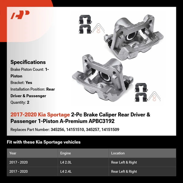 2017-2020 Kia Sportage 2-Pc Brake Caliper Rear Driver & Passenger 1-Piston A-Premium APBC3192