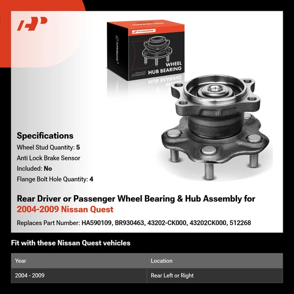 Rear Driver or Passenger Wheel Bearing & Hub Assembly for 2004-2009 Nissan Quest