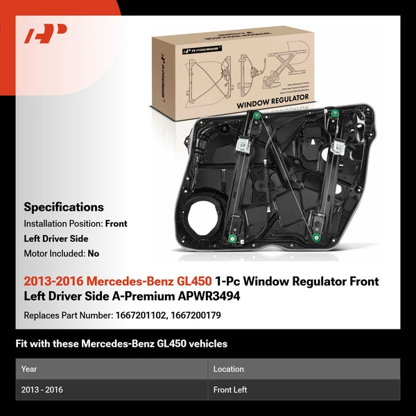 2013-2016 Mercedes-Benz GL450 1-Pc Window Regulator Front Left Driver Side A-Premium APWR3494