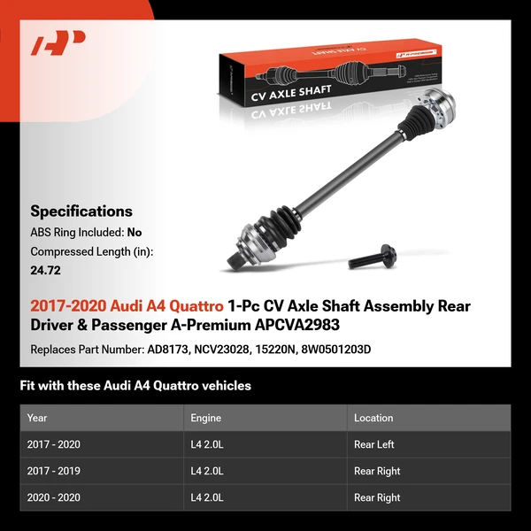 2017-2020 Audi A4 Quattro 1-Pc CV Axle Shaft Assembly Rear Driver & Passenger A-Premium APCVA2983