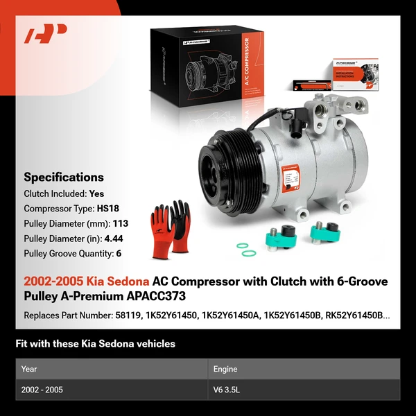 2002-2005 Kia Sedona AC Compressor with Clutch with 6-Groove Pulley A-Premium APACC373