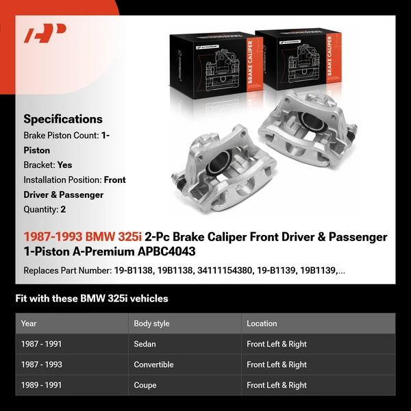 1987-1993 BMW 325i 2-Pc Brake Caliper Front Driver & Passenger 1-Piston A-Premium APBC4043