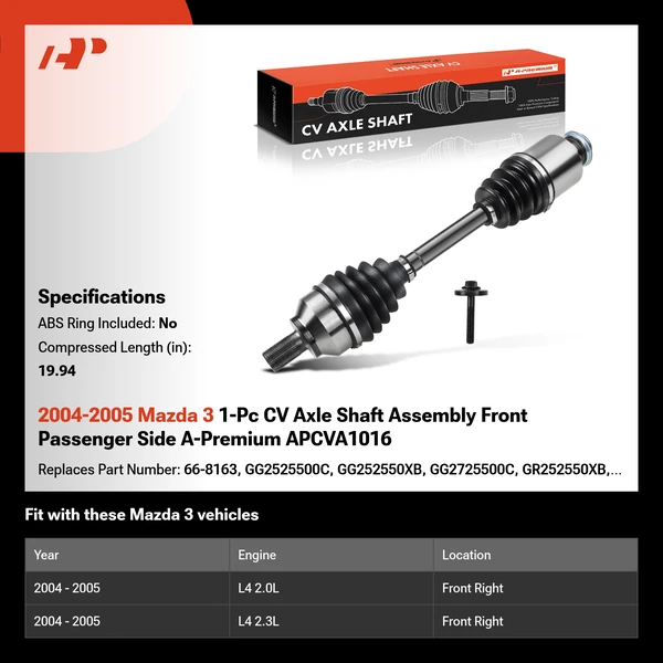 2004-2005 Mazda 3 1-Pc CV Axle Shaft Assembly Front Passenger Side A-Premium APCVA1016