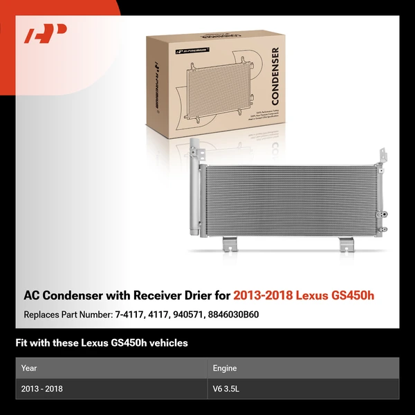 AC Condenser with Receiver Drier for 2013-2018 Lexus GS450h