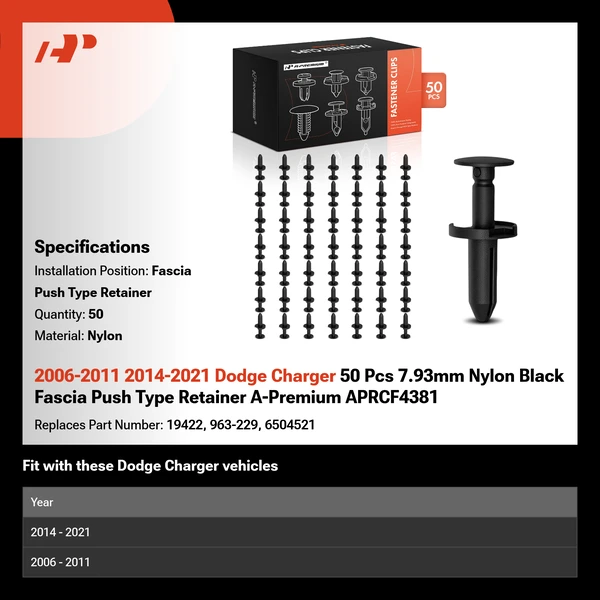 2006-2011 2014-2021 Dodge Charger 50 Pcs 7.93mm Nylon Black Fascia Push Type Retainer A-Premium APRCF4381