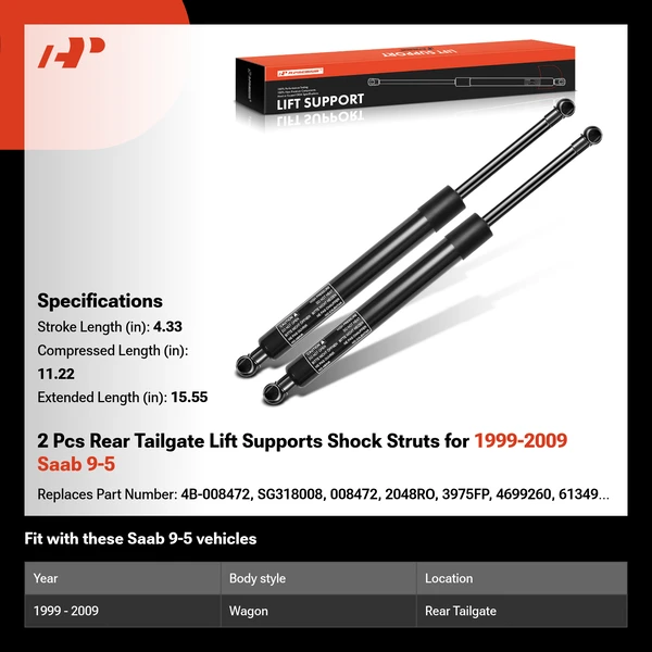 2 Pcs Rear Tailgate Lift Supports Shock Struts for 1999-2009 Saab 9-5