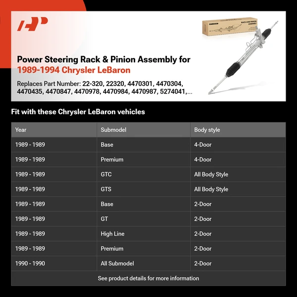 Power Steering Rack & Pinion Assembly for 1989-1994 Chrysler LeBaron