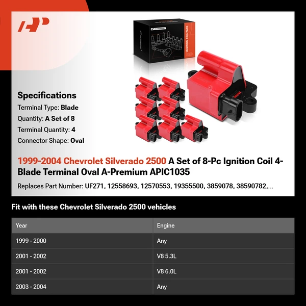 1999-2004 Chevrolet Silverado 2500 A Set of 8-Pc Ignition Coil 4-Blade Terminal Oval A-Premium APIC1035