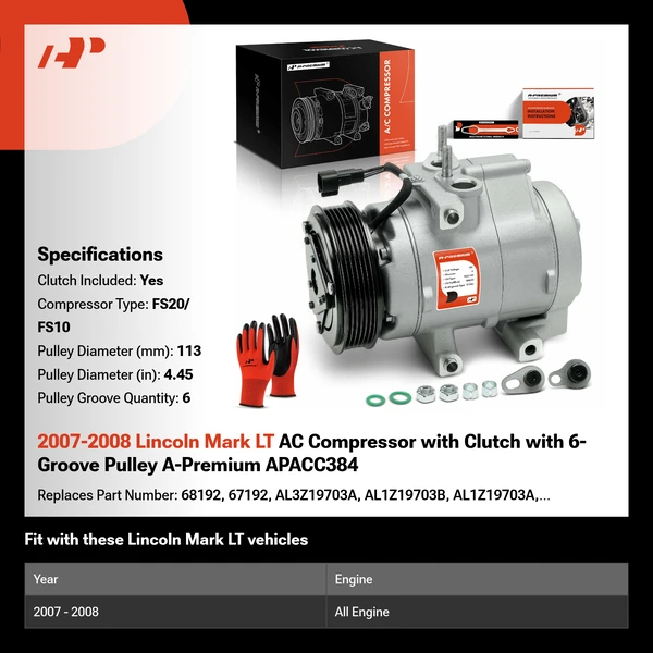 2007-2008 Lincoln Mark LT AC Compressor with Clutch with 6-Groove Pulley A-Premium APACC384