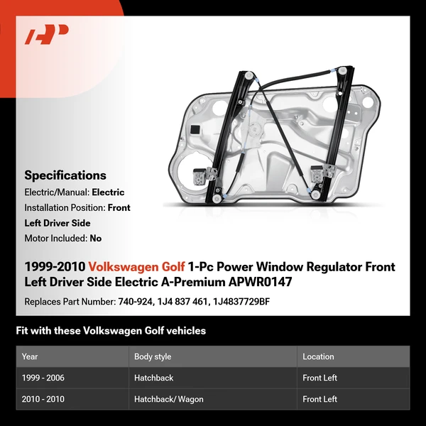 1999-2010 Volkswagen Golf 1-Pc Power Window Regulator Front Left Driver Side Electric A-Premium APWR0147