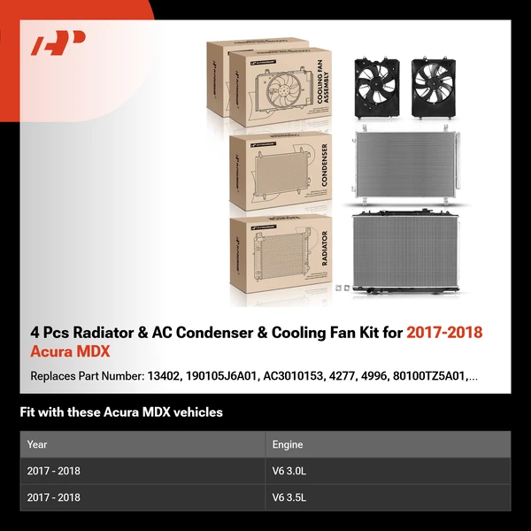 4 Pcs Radiator & AC Condenser & Cooling Fan Kit for 2017-2018 Acura MDX