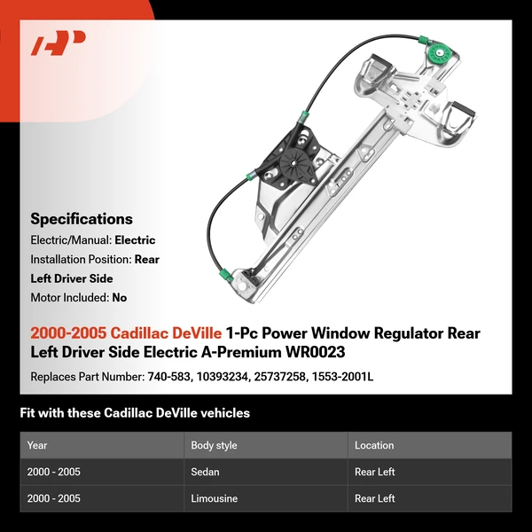 2000-2005 Cadillac DeVille 1-Pc Power Window Regulator Rear Left Driver Side Electric A-Premium WR0023