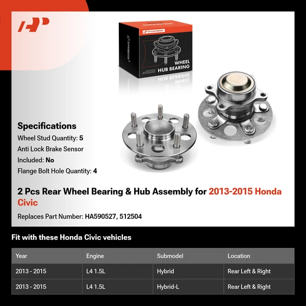 2 Pcs Rear Wheel Bearing & Hub Assembly for 2013-2015 Honda Civic
