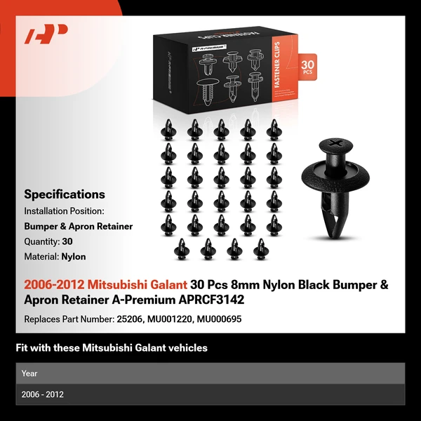 2006-2012 Mitsubishi Galant 30 Pcs 8mm Nylon Black Bumper & Apron Retainer A-Premium APRCF3142