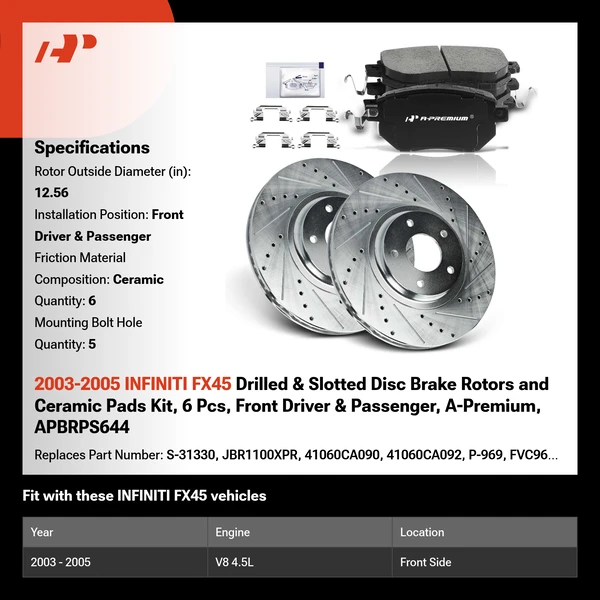 2003-2005 INFINITI FX45 Drilled & Slotted Disc Brake Rotors and Ceramic Pads Kit, 6 Pcs, Front Driver & Passenger, A-Premium, APBRPS644