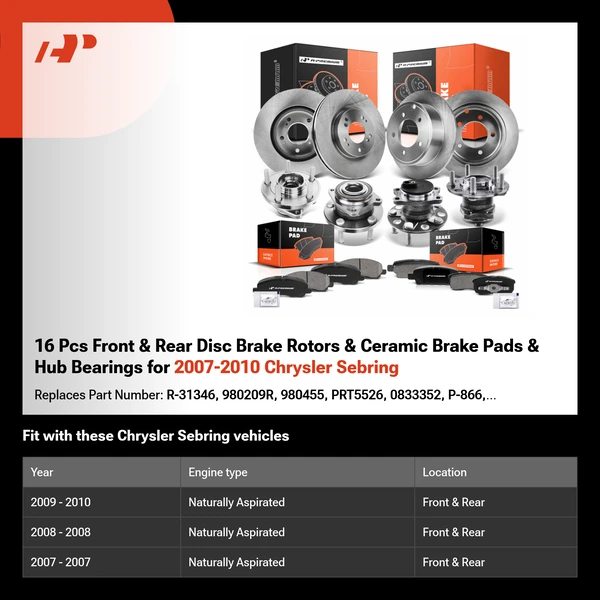 16 Pcs Front & Rear Disc Brake Rotors & Ceramic Brake Pads & Hub Bearings for 2007-2010 Chrysler Sebring