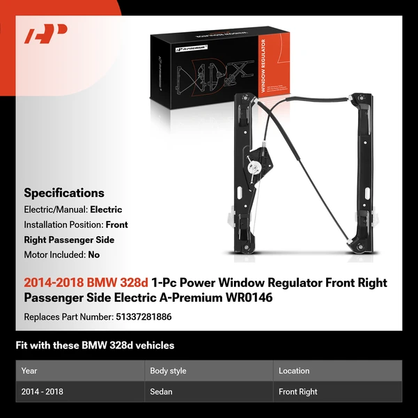 2014-2018 BMW 328d 1-Pc Power Window Regulator Front Right Passenger Side Electric A-Premium WR0146
