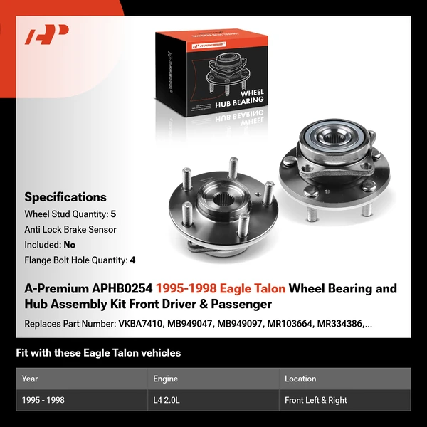 A-Premium APHB0254 1995-1998 Eagle Talon Wheel Bearing and Hub Assembly Kit Front Driver & Passenger