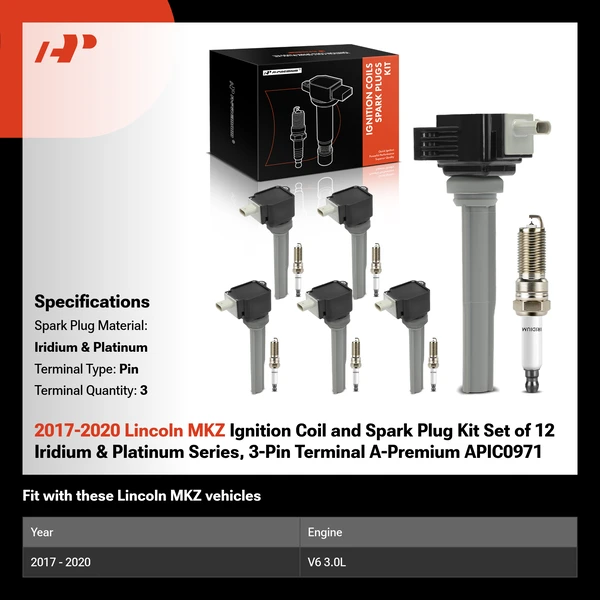 2017-2020 Lincoln MKZ Ignition Coil and Spark Plug Kit Set of 12 Iridium & Platinum Series, 3-Pin Terminal A-Premium APIC0971