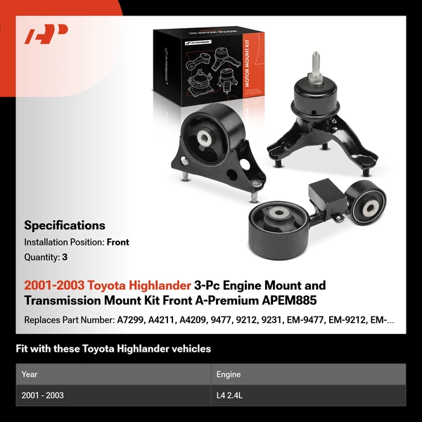 2001-2003 Toyota Highlander 3-Pc Engine Mount and Transmission Mount Kit Front A-Premium APEM885