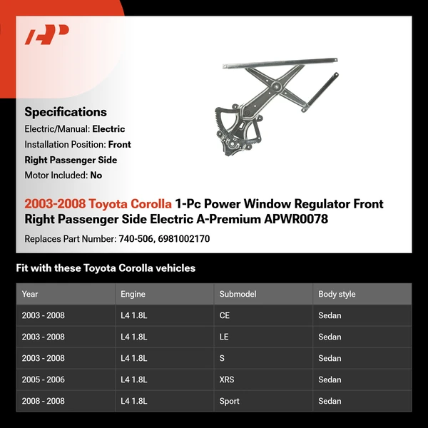 2003-2008 Toyota Corolla 1-Pc Power Window Regulator Front Right Passenger Side Electric A-Premium APWR0078