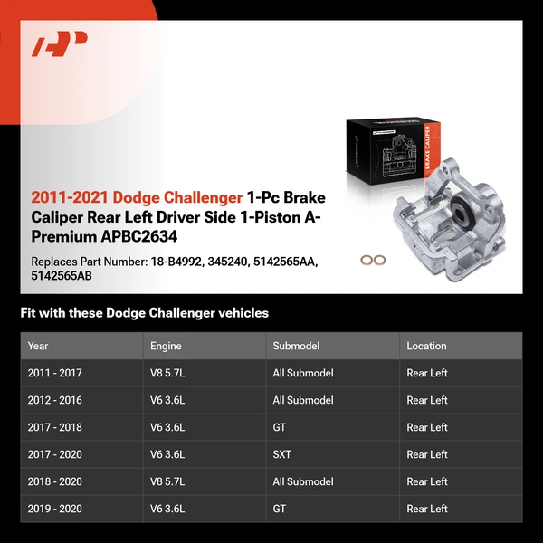 2011-2021 Dodge Challenger 1-Pc Brake Caliper Rear Left Driver Side 1-Piston A-Premium APBC2634