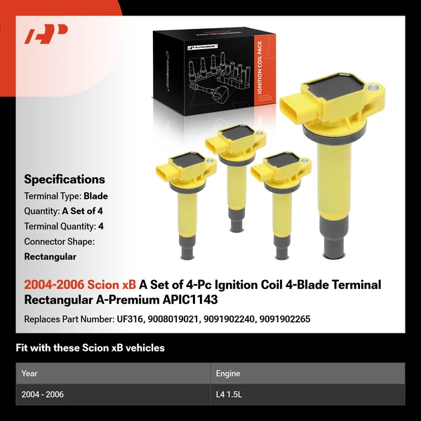2004-2006 Scion xB A Set of 4-Pc Ignition Coil 4-Blade Terminal Rectangular A-Premium APIC1143
