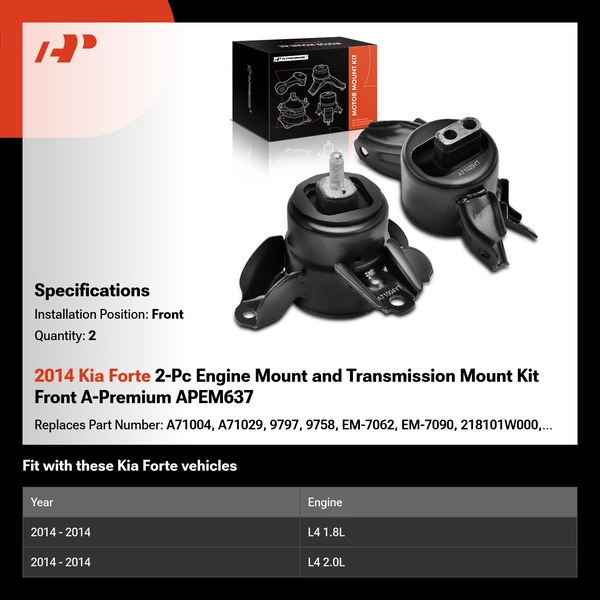 2014 Kia Forte 2-Pc Engine Mount and Transmission Mount Kit Front A-Premium APEM637