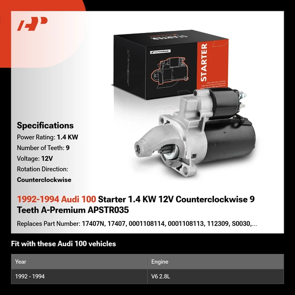 1992-1994 Audi 100 Starter 1.4 KW 12V Counterclockwise 9 Teeth A-Premium APSTR035