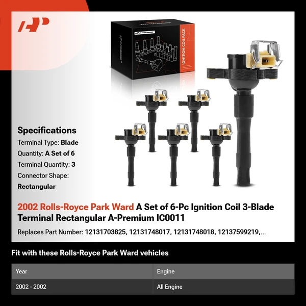 2002 Rolls-Royce Park Ward A Set of 6-Pc Ignition Coil 3-Blade Terminal Rectangular A-Premium IC0011