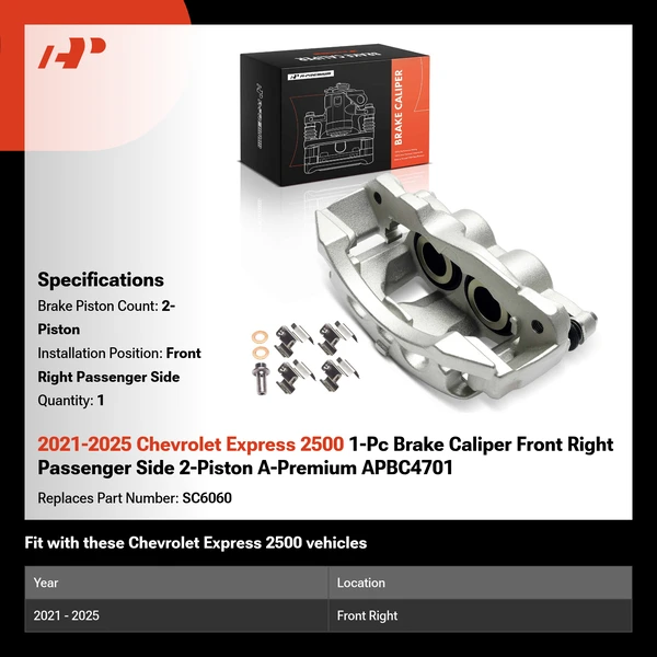 2021-2025 Chevrolet Express 2500 1-Pc Brake Caliper Front Right Passenger Side 2-Piston A-Premium APBC4701