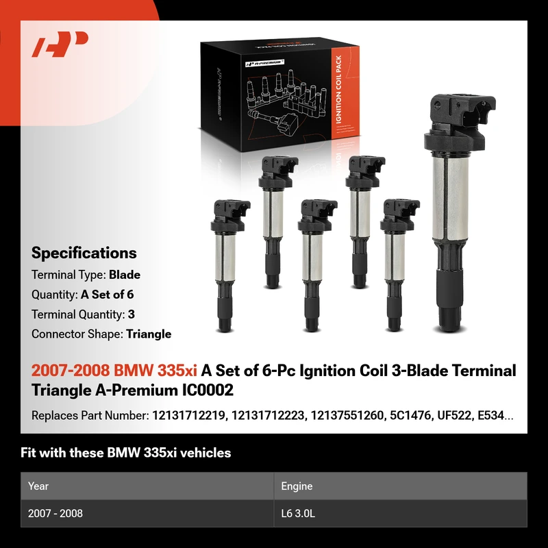 2007-2008 BMW 335xi A Set of 6-Pc Ignition Coil 3-Blade Terminal Triangle A-Premium IC0002