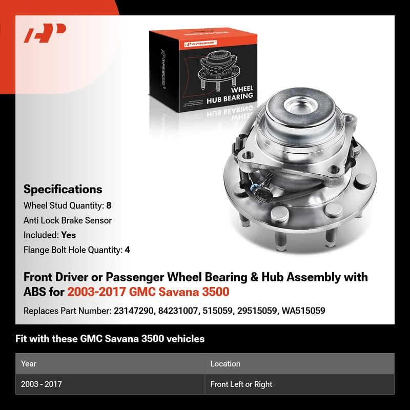 Front Driver or Passenger Wheel Bearing & Hub Assembly with ABS for 2003-2017 GMC Savana 3500