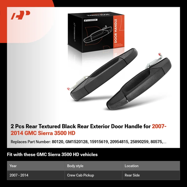 2 Pcs Rear Textured Black Rear Exterior Door Handle for 2007-2014 GMC Sierra 3500 HD