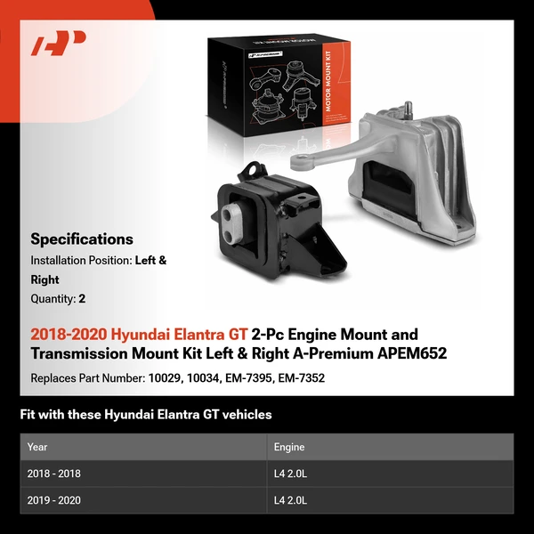 2018-2020 Hyundai Elantra GT 2-Pc Engine Mount and Transmission Mount Kit Left & Right A-Premium APEM652