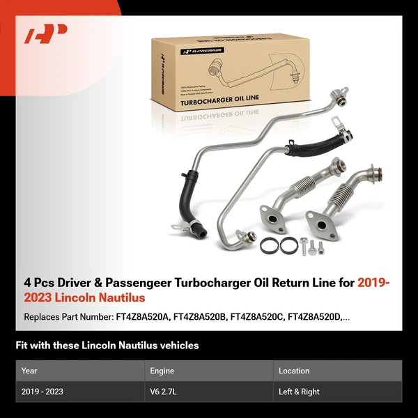 4 Pcs Driver & Passengeer Turbocharger Oil Return Line for 2019-2023 Lincoln Nautilus