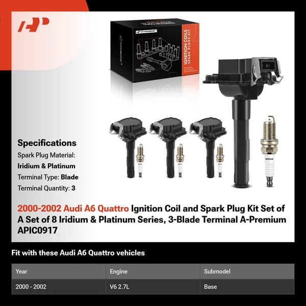 2000-2002 Audi A6 Quattro Ignition Coil and Spark Plug Kit Set of A Set of 8 Iridium & Platinum Series, 3-Blade Terminal A-Premium APIC0917